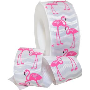 Morex Ribbon Flamingo Grosgrain, Polyester, 1 1/2 inches by 25 Yard, Coral/Grey, Item 7555.38/25-409