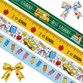 6 PCS Back to School Ribbons for Crafting, 3/8" Width Grosgrain Ribbon Yellow Green Ribbon Preschool Apples ABC Craft Ribbons for Kindergarten Decorations Sewing DIY Crafts Supplies