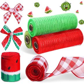 LENSARKU 5 Rolls Watermelon Wired Edge Ribbons 2.5 Inch×5 Yard Watermelon Mesh Ribbons 10 Inch×10 Yard Summer Fruit Print Green Red Ribbons for Wreath Bow Craft Sewing Gift Wrapping Party Decoration