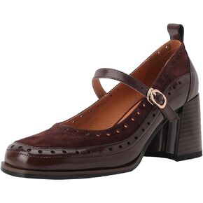 U-lite Women's Pumps Mary Jane High Heel Square Toe Oxfords Dress Shoes Casual Style Brown 6.5