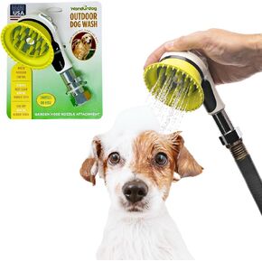 Outdoor Dog Wash Garden Hose Nozzle for Bathing and Quick Paw Rinses. Splash Shield Handle and Rubber Grooming Brush. Metal Connection. Swivels on Hose with Water Pressure Control.