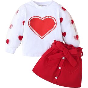 Toddler Baby Girl Valentine's Day Outfits Tulle Long Sleeve Heart Printed Shirts with A-Line Skirt 2Pcs Set