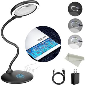 5X Rechargeable Magnifying Glass with Light and Stand, Raweao Dimmable Lighted Magnifying Lamp Glass for Reading, Close Work, Hobbies, Crafts