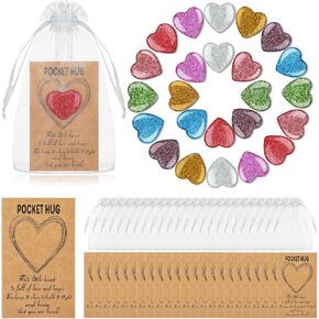 Motiskyy 24 Set Pocket Hug Token Bulk Heart Shape Stones with Hug Card Organza Bag Pocket Heart Stone Greeting Keepsake Exchange Relationship Card for Friend Family Colleague Celebration of Life Gift