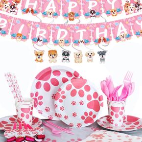 Dog Paw Prints birthday party supplies Set Include Plates Napkins Tablecloth Cup Forks Knives Spoon Banner Pet Party Decorations Supplies for Puppy Theme Party Picnic (Blue and white)