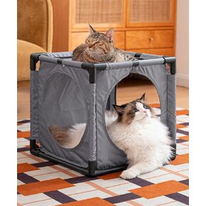 Cat Beds for Indoor Cats, Expandable Kitty House, Kitty Fort and Cat Hideaway, Muti-Functional Cat Condo with Breathable and Scratching Resistant Cloth Cover, Grey
