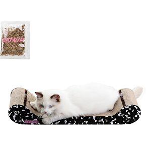 CSR1003A-SET2 Rini 23.75" Modern Cardboard Lounge Bed Cat Scratcher with Built-in Bell Toys and Catnip, White/Multi (Set of 2)