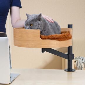 Cat Bed Desk with Pet Mat, Cat Hammock for Desk, Cat Bed Desk with Wooden Bowl, 360° Rotation and Adjustable Height, Brown