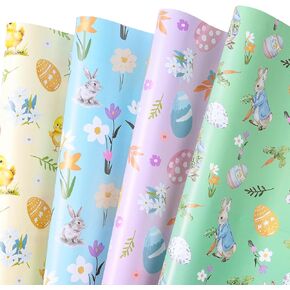 RUSPEPA Easter Wrapping Paper Sheets, Easter Spring Gift Wrap Paper with Wildflower Bunny Chick Egg Patterns Perfect for Easter Party, Spring Gifts, 12 Folded Sheets, 19.68 X 27.5 Inch