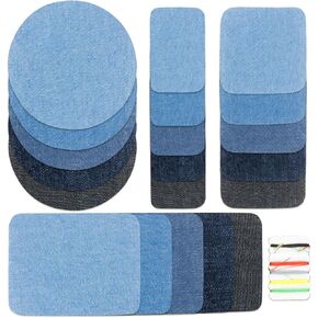 20 PCS Denim Iron-on Patches Mending Fabric Kit Iron on Clothes Repair Kit for Fix Couch Ripped Jeans Pockets Holes Assorted Blue Shades