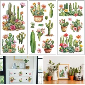 GLOBLELAND 3 Sheets Cactus Furniture Transfer 6x12inch Potted Plants Rub on Transfer Self-Adhesive Wall Art Decals for Bedroom Living Room Desk Table Decoration
