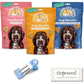 TINY SEED 3-Pack Crunchy Dog Treat Sampler from Newmans Own. Bundle Includes Turkey & Sweet Potato, Peanut Butter, and Bacon Flavors (10 oz Each), Includes Complimentary Bag Clip.