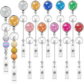 10 Pcs Beadable Badge Reels Glitter Retractable Badge Holder Blank Bar DIY ID Name Reel Clips Holder for Beads with Key Ring Belt Clip DIY Gift for Nurse Teacher Office