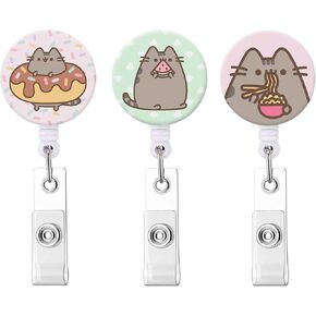 Nurse Badge Reel Retractable Badge Holder ID Badge Reels with Clip on ID Card Holders (3 Pack Cute Cat Eating Food)