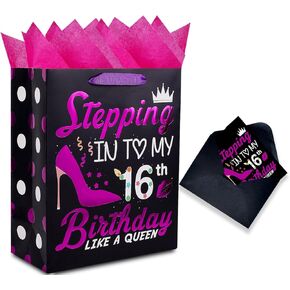 JWSCYSY 12.6" Black and Metallic Rose Red 16th Birthday Gift Bag with Card and Tissue Paper for Girls Birthday Gifts Warpping Decorations Party Supplies