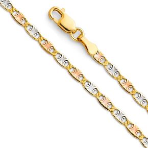 14k REAL Tri Color Gold Solid 3mm Star Diamond Cut Chain Bracelet with Lobster Claw Clasp - 7.5"