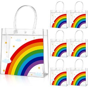 Aliceset 20 Pcs Rainbow Party Goodie Bags with Handles Clear Plastic Party Favor Bag Trolls Party Treat Bags for Birthday Snack Candy Rainbow Party Decoration Baby Shower Supplies, 8 x 8 x 3.15 Inch