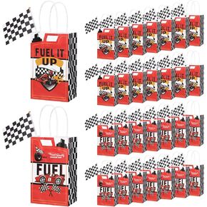 32 Pcs Race Car Party Bags with 32 Pcs Checkered Flags Race Goodie Candy Paper Bags Gifts Car Candy Treats Paperbags with Handle for Birthday Party Decor Supplies