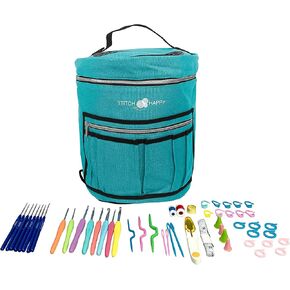 Stitch Happy Designer Crocheting Kit: 52 قطعة كوتشيت طقم للمبتدئين وحقيبة غزل الجيب 7 ، تخزين خيوط التوقيع - أسود