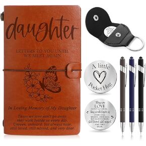 Fulmoon Memorial Gifts for Loss of Daughter Included 1 Grief Travel Diary Journal 1 Remembrance Pocket Hug 1 PU Leather Keychain 3 Ballpoint Pens Bereavement Gift for Loss of Daughter Gifts