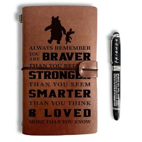 Razpah Inspirational Leather Journal, Engraved Gift Pen, Pooh Bear Gifts, Always Remember You’re Braver Than You Believe, Leather Notebook and Pen Gift, 160 Pages Notebook, Disney Movies Lover Gift