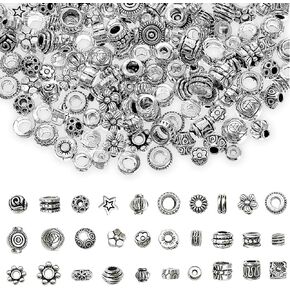 200PCS Spacer Beads Tibetan Antique Silver Bead Spacers, Assorted Styles Metal Filigree Seed Beads Alloy Loose Charm for DIY Jewelry Making and Crafts(1-5mm Hole)