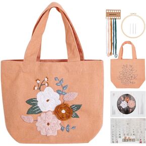 FREEBLOSS Orange Canvas Tote Bag Embroidery Kit for Beginners Flowers Embroidery Handbag Kit Orange Canvas Bag Hand Stitch Embroidery Lunch Bag Kit with Hoop and Floss
