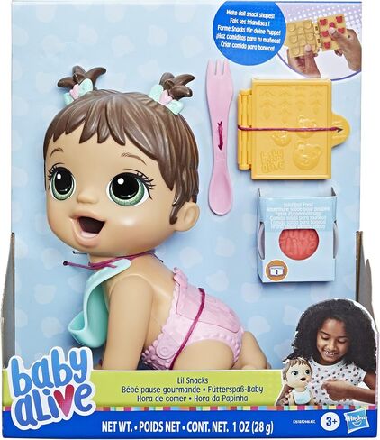 Baby Alive Lil Snacks Doll, Eats and Poops, Snack-Themed 8-Inch Baby Doll, Snack Box Mold, Toy for Kids Ages 3 and Up, Brown Hair in Kuwait