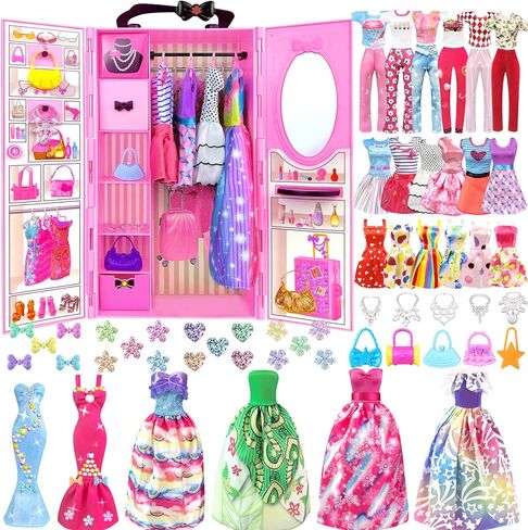 82pcs دمية الملابس والإكسسوارات مع خزانة دمية للدمية 11.5 بوصة - مجموعة تصميم أزياء مجموعة بما في ذلك فساتين الأزياء الأزياء أزياء الأزياء وأكياس شماعات السراويل للبنات in Kuwait