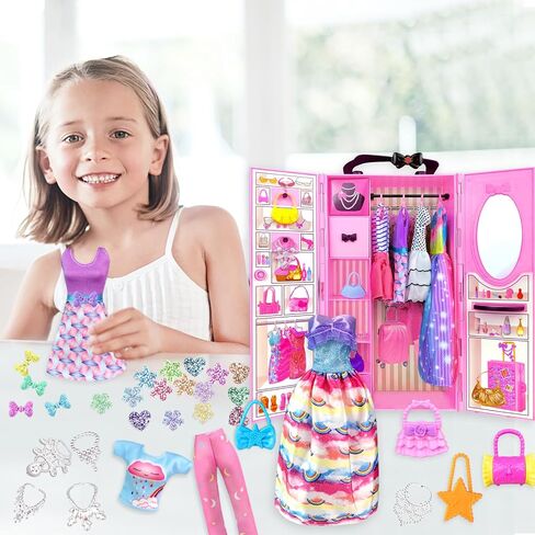 82pcs دمية الملابس والإكسسوارات مع خزانة دمية للدمية 11.5 بوصة - مجموعة تصميم أزياء مجموعة بما في ذلك فساتين الأزياء الأزياء أزياء الأزياء وأكياس شماعات السراويل للبنات in Kuwait
