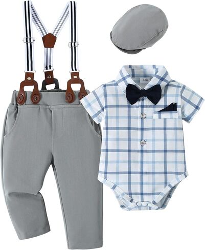 nilikastta بيبي بوي ملابس الزفاف الرضع بيبي بوي ملابس البدلة قمصان/سراويل الحمالات/ربطة عنق/قبعة بيريه 0-18 متر in Kuwait