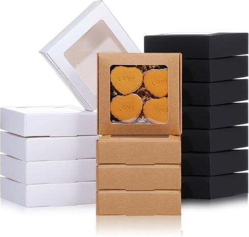 Zonon 30 Kraft Paper Boxes with Window 4.13 x 4.13 x 1.18 Inch Candy Packaging, Small Gift Boxes, Soap holder, Mini Treat Packaging for Bakery Chocolate Jewelry Display(Brown) in Saudi Arabia