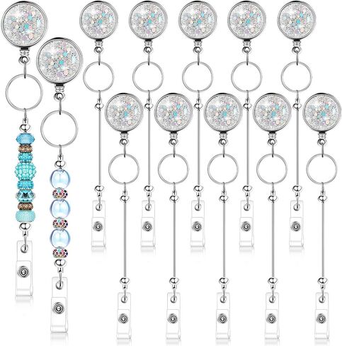 10 Pcs Beadable Badge Reels Glitter Retractable Badge Holder Blank Bar DIY ID Name Reel Clips Holder for Beads with Key Ring Belt Clip DIY Gift for Nurse Teacher Office in Kuwait
