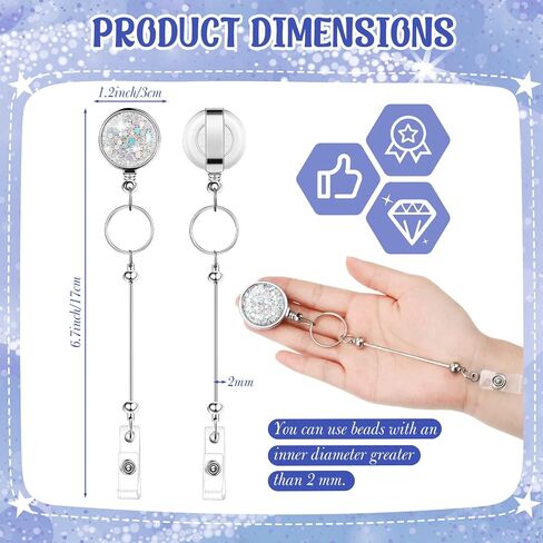 10 Pcs Beadable Badge Reels Glitter Retractable Badge Holder Blank Bar DIY ID Name Reel Clips Holder for Beads with Key Ring Belt Clip DIY Gift for Nurse Teacher Office in Kuwait