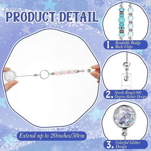 10 Pcs Beadable Badge Reels Glitter Retractable Badge Holder Blank Bar DIY ID Name Reel Clips Holder for Beads with Key Ring Belt Clip DIY Gift for Nurse Teacher Office in Kuwait