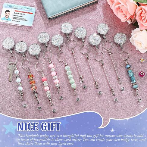 10 Pcs Beadable Badge Reels Glitter Retractable Badge Holder Blank Bar DIY ID Name Reel Clips Holder for Beads with Key Ring Belt Clip DIY Gift for Nurse Teacher Office in Kuwait