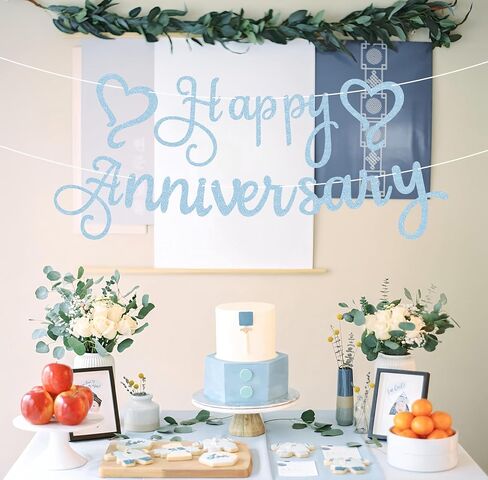 Pre-Strung Happy Anniversary Banner - Royal Blue Glitter Wedding Anniversary Decorations for Anniversary Wedding Party - Happy Anniversary Decorations & Decor, Photo Booth Props in Kuwait