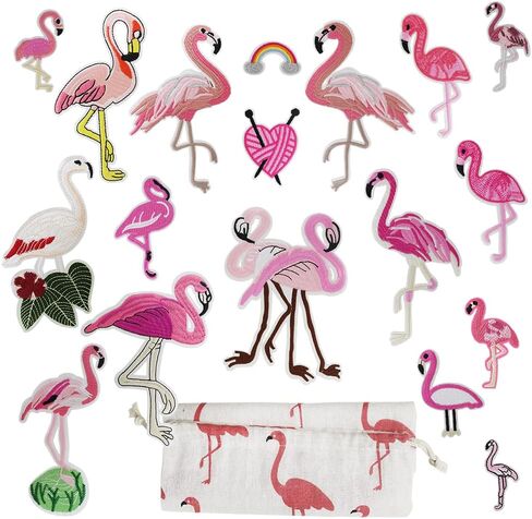 Flamingo الوردي خياطة على الحديد على بقع زين للجينز ، والملابس ، والسترات ، واللباس ، والقبعات ، والشارات ، 18 متنوعة من طيور طيور طيور طيور تصحيحات إصلاح البقع إصلاح (كيس تخزين فلامنغو) in Kuwait