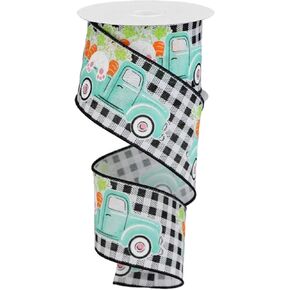 Craig Bachman 2.5" Bunny Carrots Truck Gingham Ribbon: Black (10 Yards) Floral Arrangement, Gift Wrapping, Easter, Wreath, Craft Wired Edge Ribbon