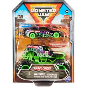 Monster Jam Official 1:64 Scale Diecast 2-Pack Series 5 Monster Truck and Race Car: Grave Digger