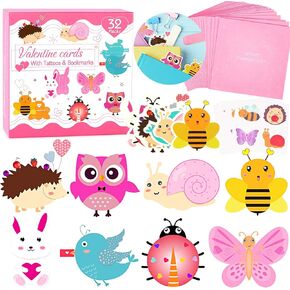 Valentines Day Cards for Kids 32 Packs with Animal Bookmarks + Temporary Tattoos + Envelopes, Valentines Day Greeting Cards, Kids Valentines Day Exchange Gift Cards for Classroom School Party Favors