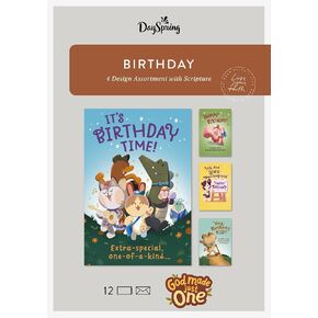 DaySpring - God Made Just One Birthday - 4 Design Assortment With Scripture - 12 Children's Birthday Cards & Envelopes