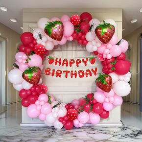 Strawberry Balloon Arch Kit- berry first birthday decor, 131pcs red and pink balloons with Strawberry Birthday Banner for Sweet Girl Berry Themed Birthday party and berry Baby Shower decoraion