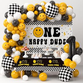 Winrayk One Happy Dude Birthday Decorations, First 1st Birthday Decorations Boy, Smile Balloon Arch with Backdrop Tablecloth Foil Balloon, 123Pcs One Year Old Baby First Birthday Decorations for Boy