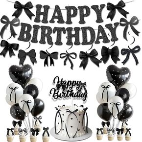 Black Bow Birthday Party Decorations black and white balloons whit Bow Happy Birthday Banner bow Haning Swirls Bow Cake and Cupcake Toppers for Girls Baby Shower Coquette Birthday Party Decorations