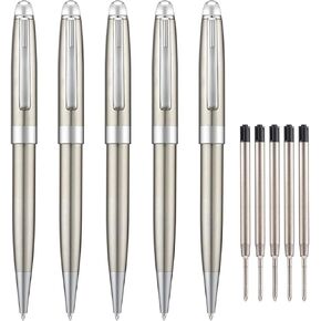5 PCS Black Ballpoint Pens with Extra Refills Set, 1mm Medium Point Black Ink, Great Smooth Writing Metal Pen for Business Office Teacher Student Wedding Guest Gift (SilverTrim)