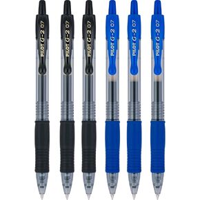 Pilot G2 pens retractable Gel Roller ballpoint 07 Fine pt Black & Blue Bundle (6)