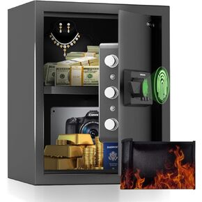 Smart Home Safe 1.5 Cub Biometric Safe Box, Quick-Access with Fingerprint Recognition, Keys, Digital Keyboard, & Type-C Port, Fireproof w/Removable Shelf & Alarm System, Bright LED, Silent Mode