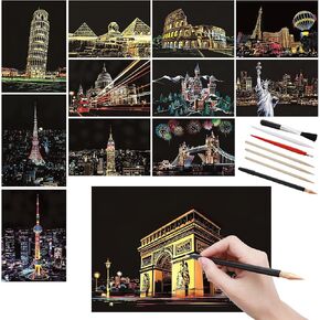 12 Pcs Scratch Art Paper Rainbow Scratch Paper with Scratching Tools Kit World Famous City Landmarks Scratch Art for Adults and Kids(A5 Size)