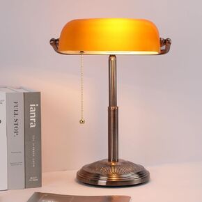 Bankers Desk Lamp, Amber Retro Lamp, Vintage Lamp with Pull Chain Switch for Home Office, LED Bulb Included (Copper+Amber)